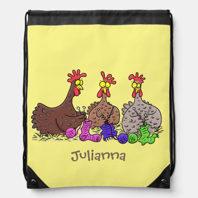 Funny knitting chickens cartoon illustration drawstring bag (Front)