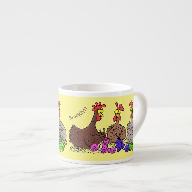 Funny knitting chickens cartoon illustration espresso cup (Front Right)