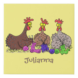 Funny knitting chickens cartoon illustration faux canvas print