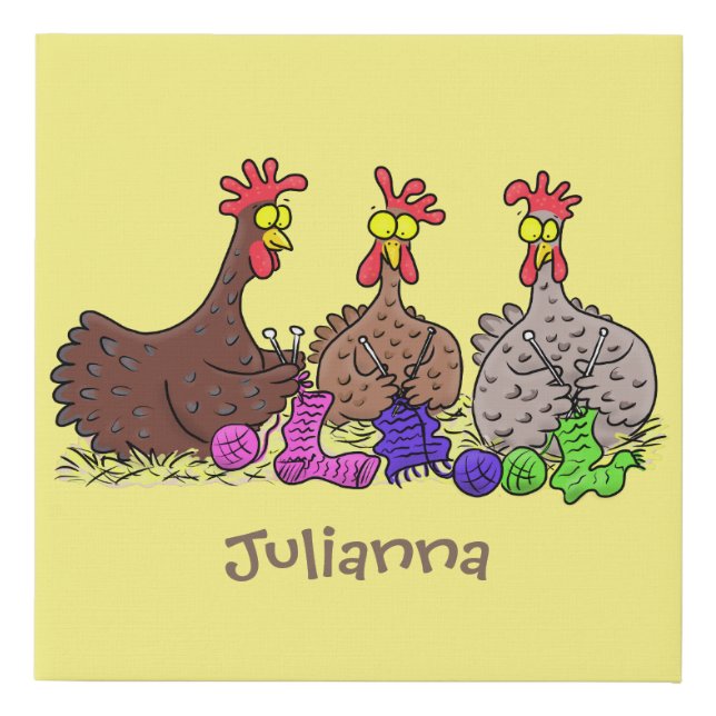 Funny knitting chickens cartoon illustration faux canvas print (Front)