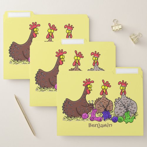 Funny knitting chickens cartoon illustration file folder