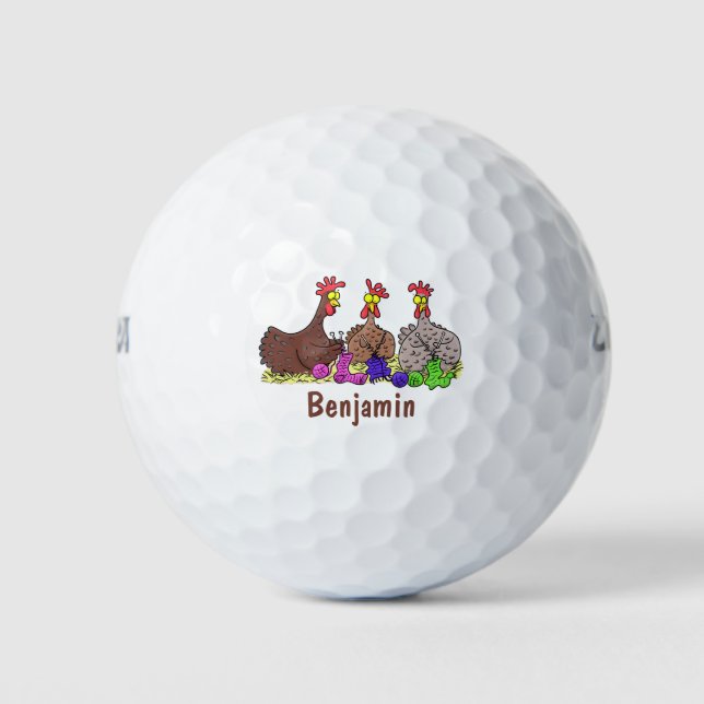 Funny knitting chickens cartoon illustration golf balls (Front)
