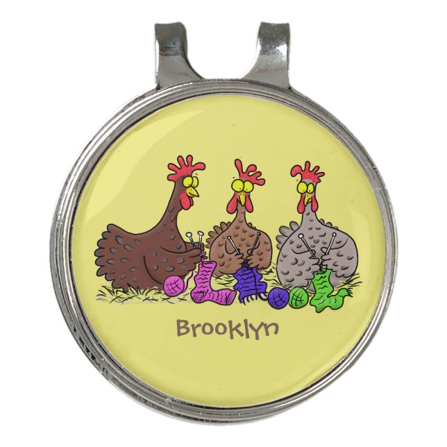 Funny knitting chickens cartoon illustration golf hat clip (Front)