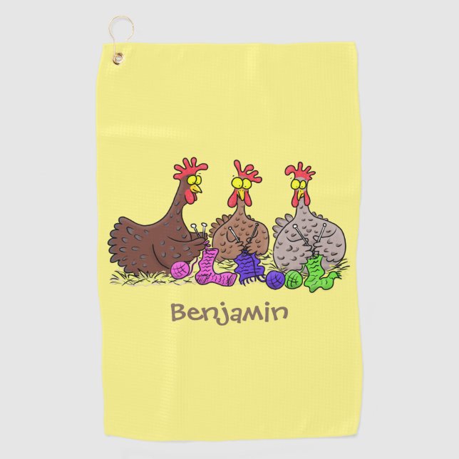 Funny knitting chickens cartoon illustration golf towel (Front)