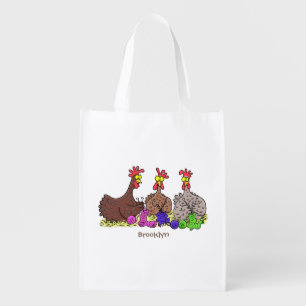 Funny knitting chickens cartoon illustration grocery bag