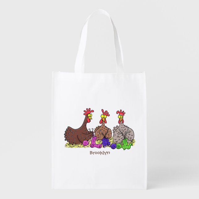 Funny knitting chickens cartoon illustration grocery bag (Front)
