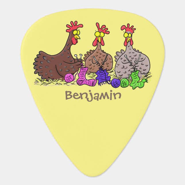 Funny knitting chickens cartoon illustration  guitar pick (Front)