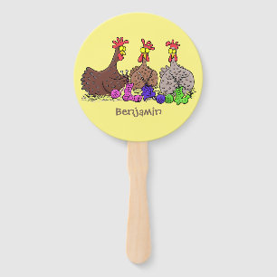 Funny knitting chickens cartoon illustration hand fan