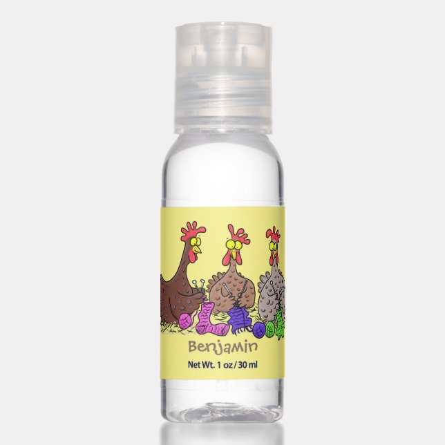 Funny knitting chickens cartoon illustration hand sanitizer (Front)