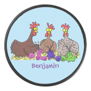 Funny knitting chickens cartoon illustration hockey puck