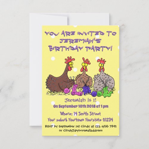 Funny knitting chickens cartoon illustration invitation