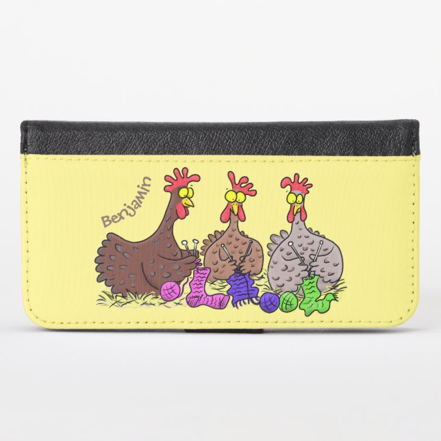 Funny knitting chickens cartoon illustration iPhone wallet case (Front (Horizontal))