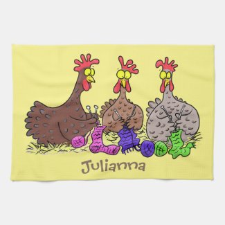 Funny knitting chickens cartoon illustration kitchen towel