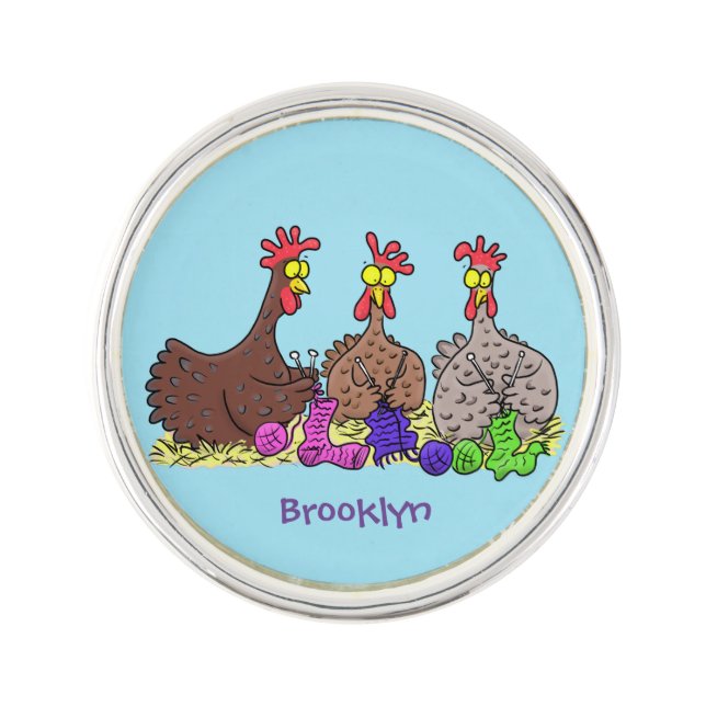 Funny knitting chickens cartoon illustration lapel pin (Front)