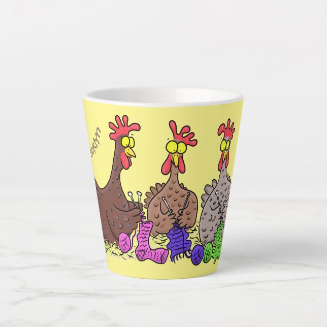 Funny knitting chickens cartoon illustration latte mug (Front)