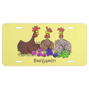 Funny knitting chickens cartoon illustration license plate