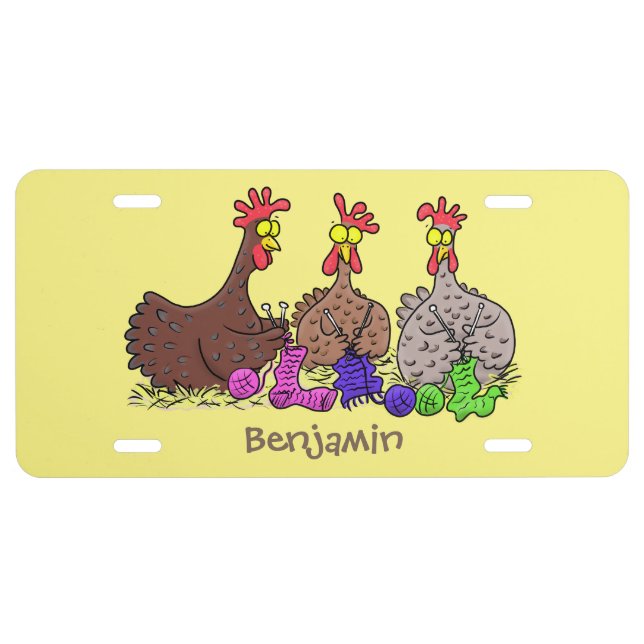 Funny knitting chickens cartoon illustration license plate (Front)