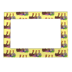 Funny knitting chickens cartoon illustration magnetic frame