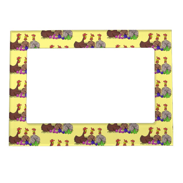Funny knitting chickens cartoon illustration magnetic frame (Front)