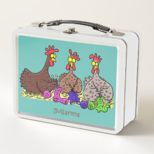 Funny knitting chickens cartoon illustration metal lunch box
