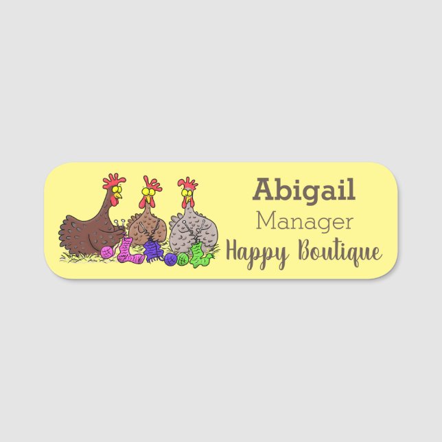 Funny knitting chickens cartoon illustration  name tag (Front)