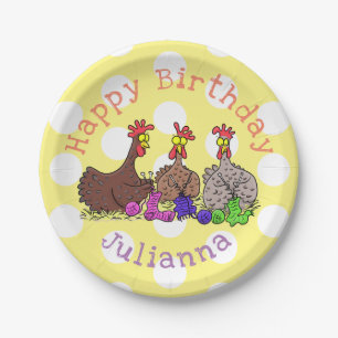 Funny knitting chickens cartoon illustration paper plates