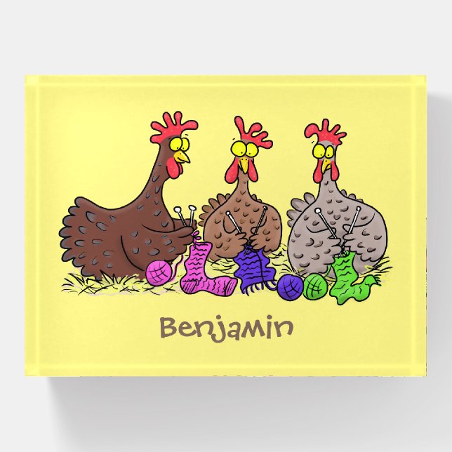 Funny knitting chickens cartoon illustration paperweight (Front)