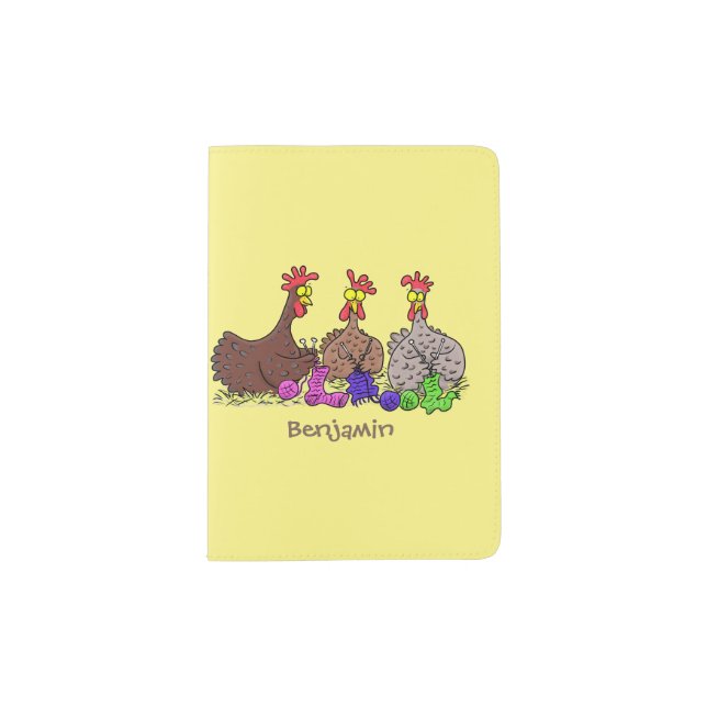 Funny knitting chickens cartoon illustration passport holder (Front)