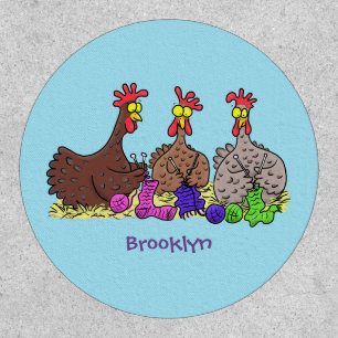 Funny knitting chickens cartoon illustration patch