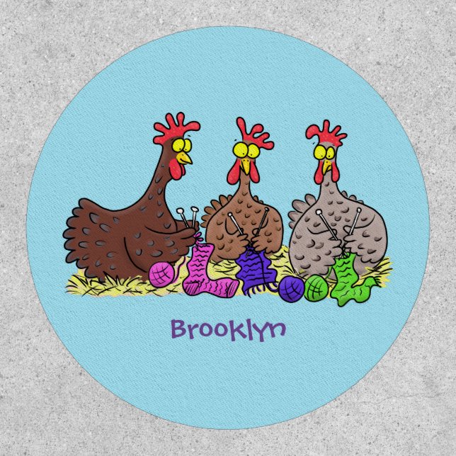 Funny knitting chickens cartoon illustration patch (Front)