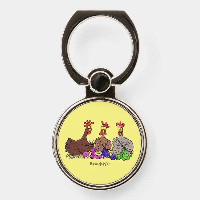 Funny knitting chickens cartoon illustration phone ring stand (Front)