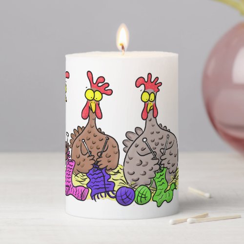 Funny knitting chickens cartoon illustration pillar candle