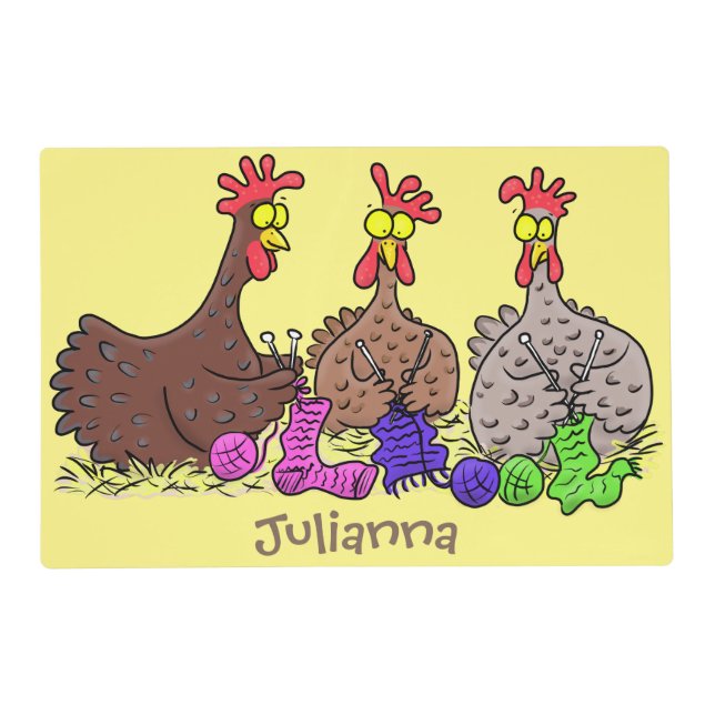 Funny knitting chickens cartoon illustration placemat (Front)
