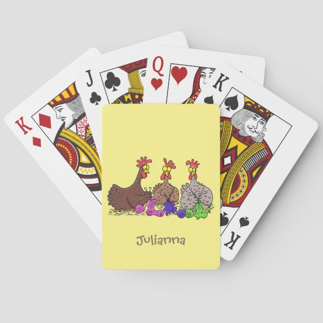 Funny knitting chickens cartoon illustration poker cards (Back)