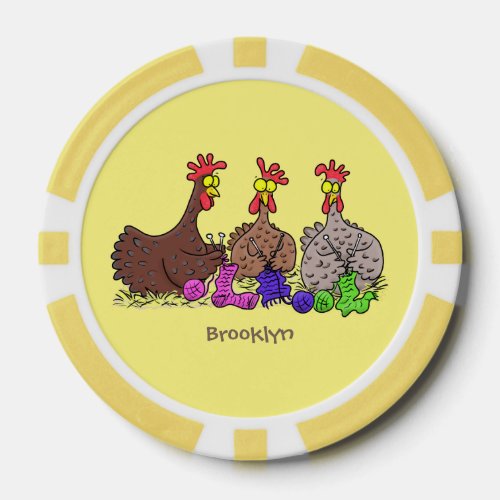 Funny knitting chickens cartoon illustration poker chips