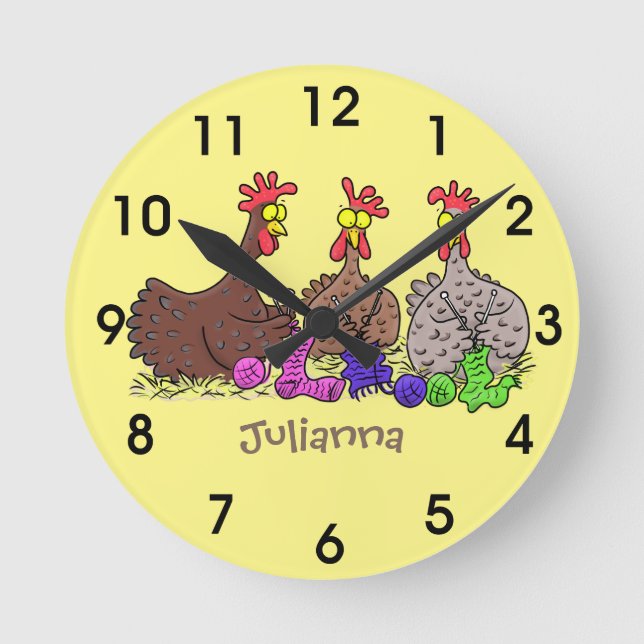 Funny knitting chickens cartoon illustration round clock (Front)
