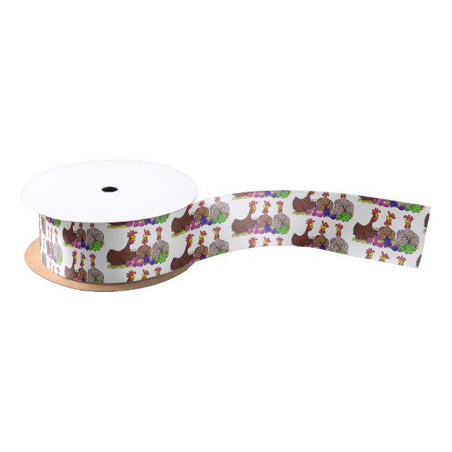 Funny knitting chickens cartoon illustration satin ribbon (Spool)