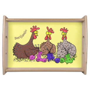 Funny knitting chickens cartoon illustration serving tray