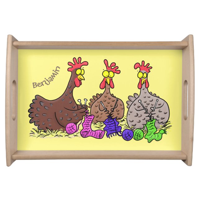Funny knitting chickens cartoon illustration serving tray (Front)