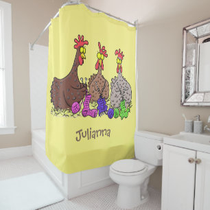 Funny knitting chickens cartoon illustration shower curtain