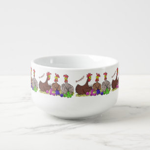 Funny knitting chickens cartoon illustration soup mug