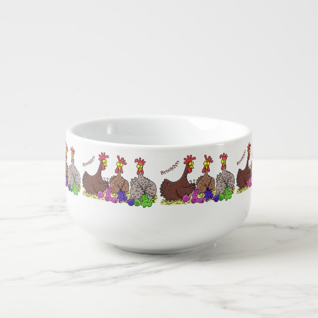 Funny knitting chickens cartoon illustration soup mug (Front)