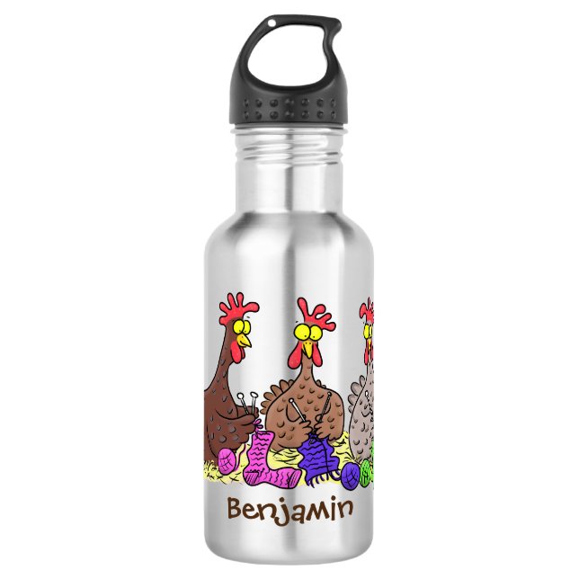 Funny knitting chickens cartoon illustration stainless steel water bottle (Front)
