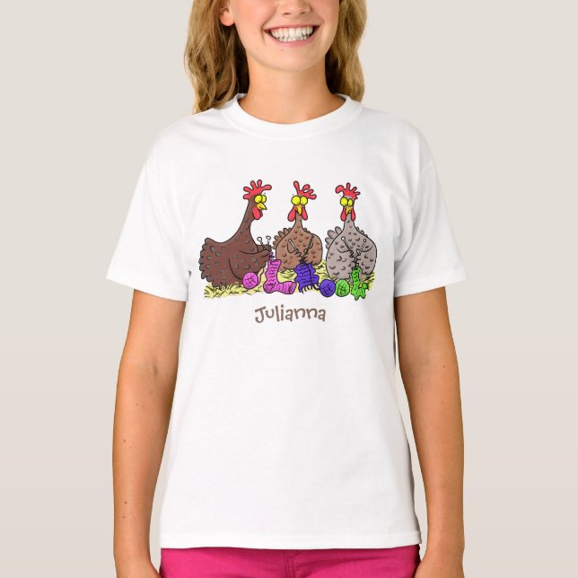 Funny knitting chickens cartoon illustration T-Shirt (Front)