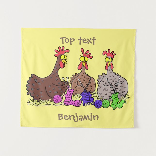 Funny knitting chickens cartoon illustration tapestry (Front (Horizontal))