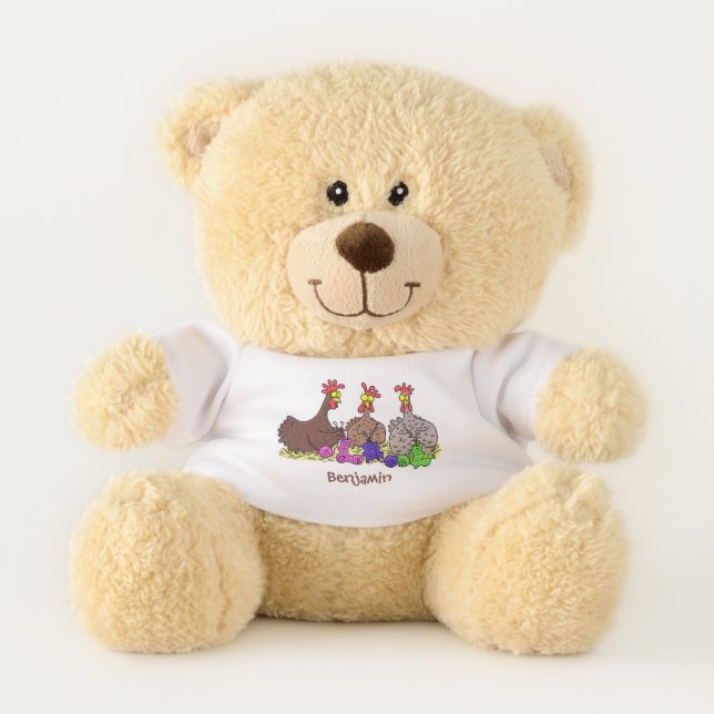 Funny knitting chickens cartoon illustration teddy bear (Front)
