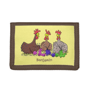 Funny knitting chickens cartoon illustration trifold wallet