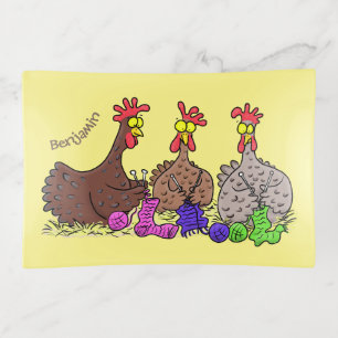 Funny knitting chickens cartoon illustration trinket tray