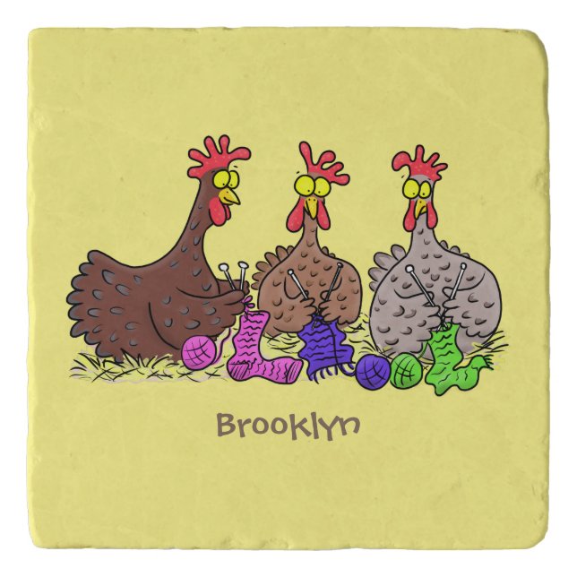 Funny knitting chickens cartoon illustration trivet (Front)