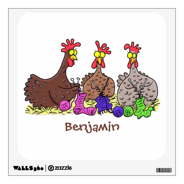 Funny knitting chickens cartoon illustration wall decal (Front)